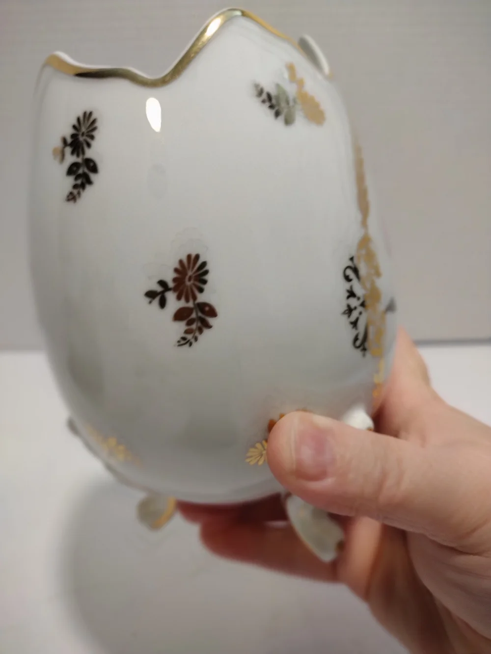 Limoges White Porcelain Floral Egg Vase with Gold Trim